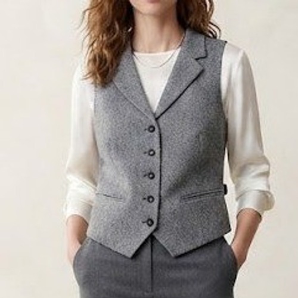 Banana Republic Herringbone Suit Vest Women 12 Grey Cinch Back Wool Blend